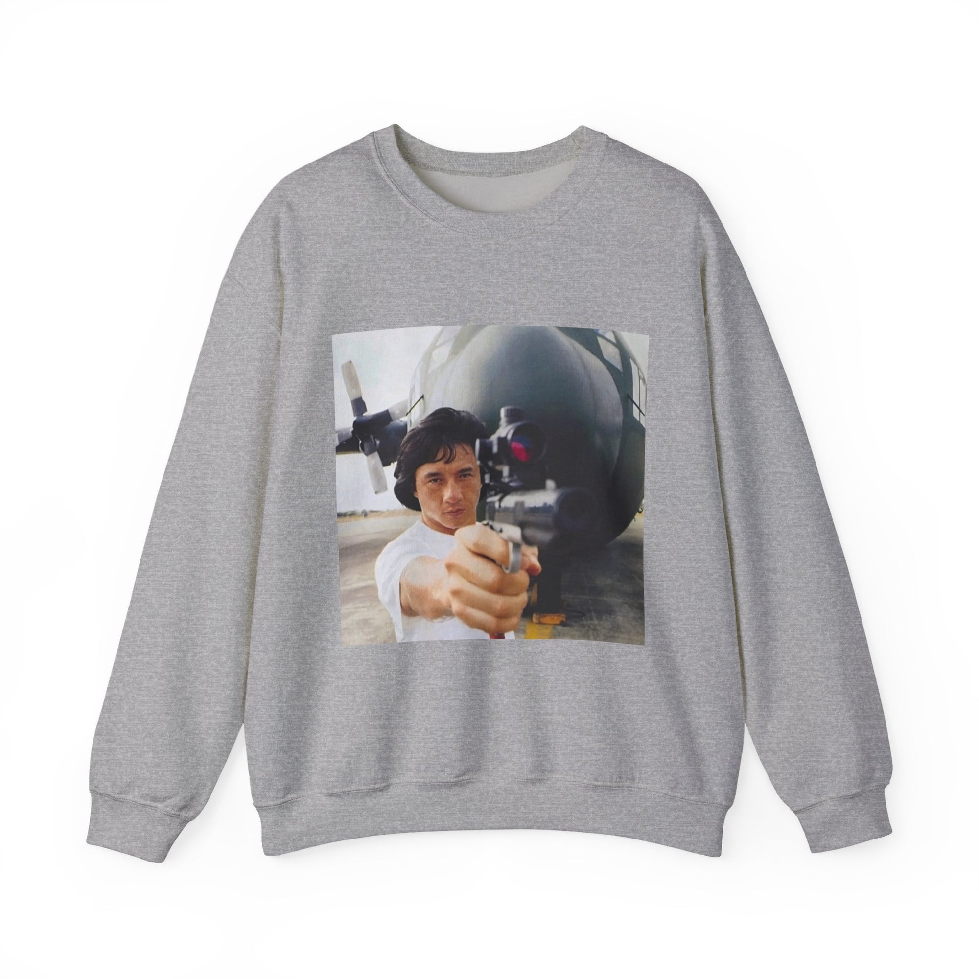 gray sweatshirt with a graphic of a jackie chan holding a weapon in front of an airplane