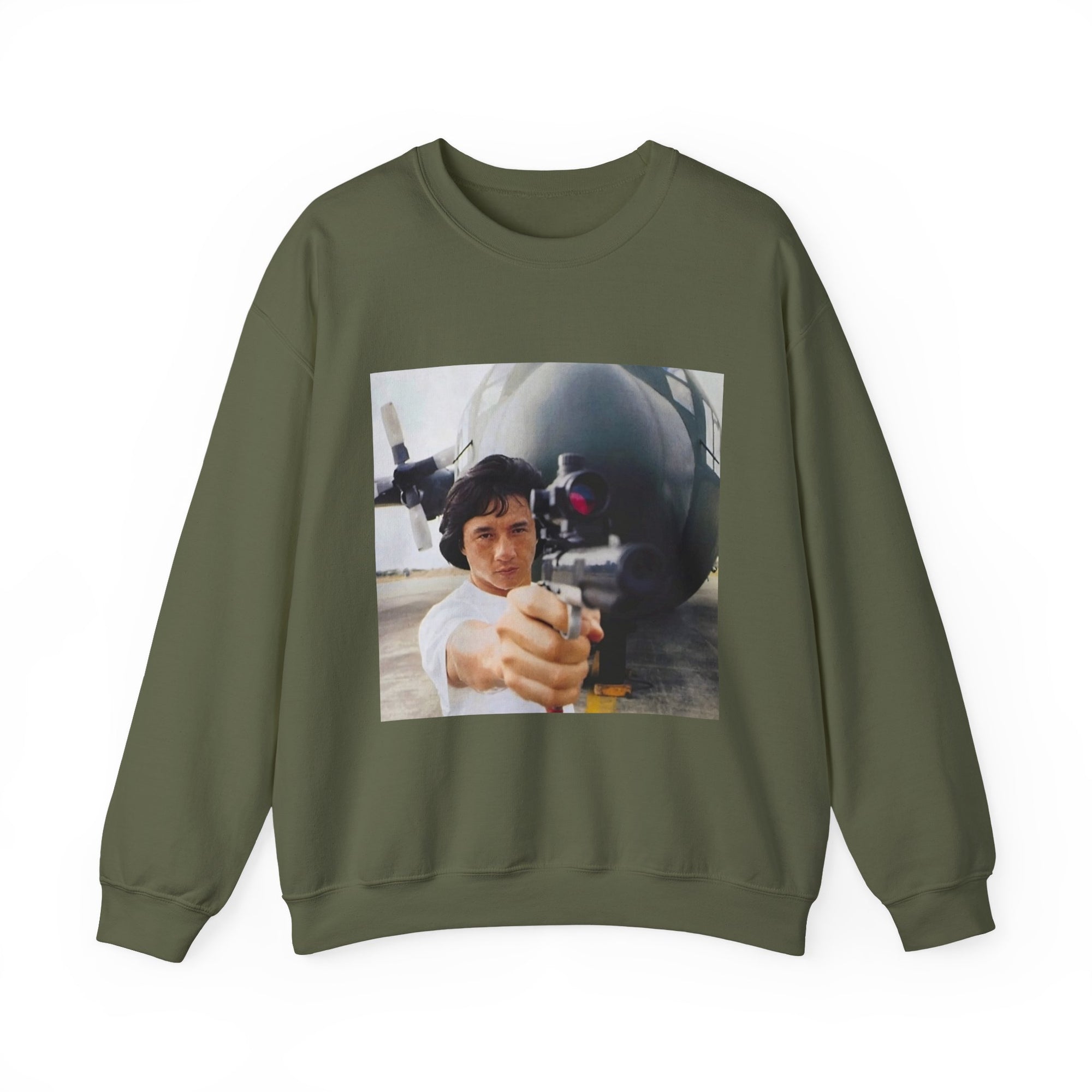 green sweatshirt with a graphic of a jackie chan holding a weapon in front of an airplane