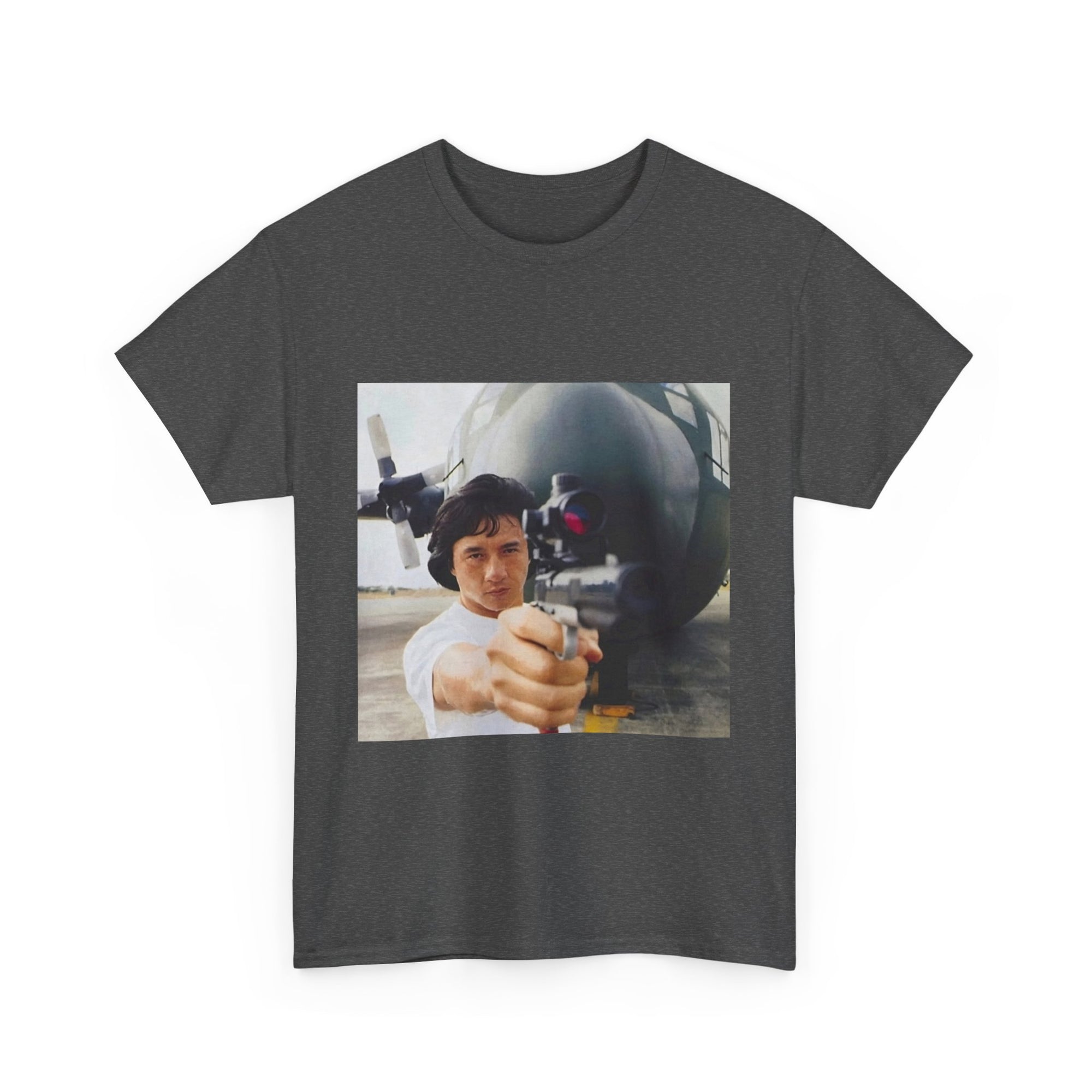 Dark gray t-shirt with a graphic of a person holding a gun and a missile in the background.