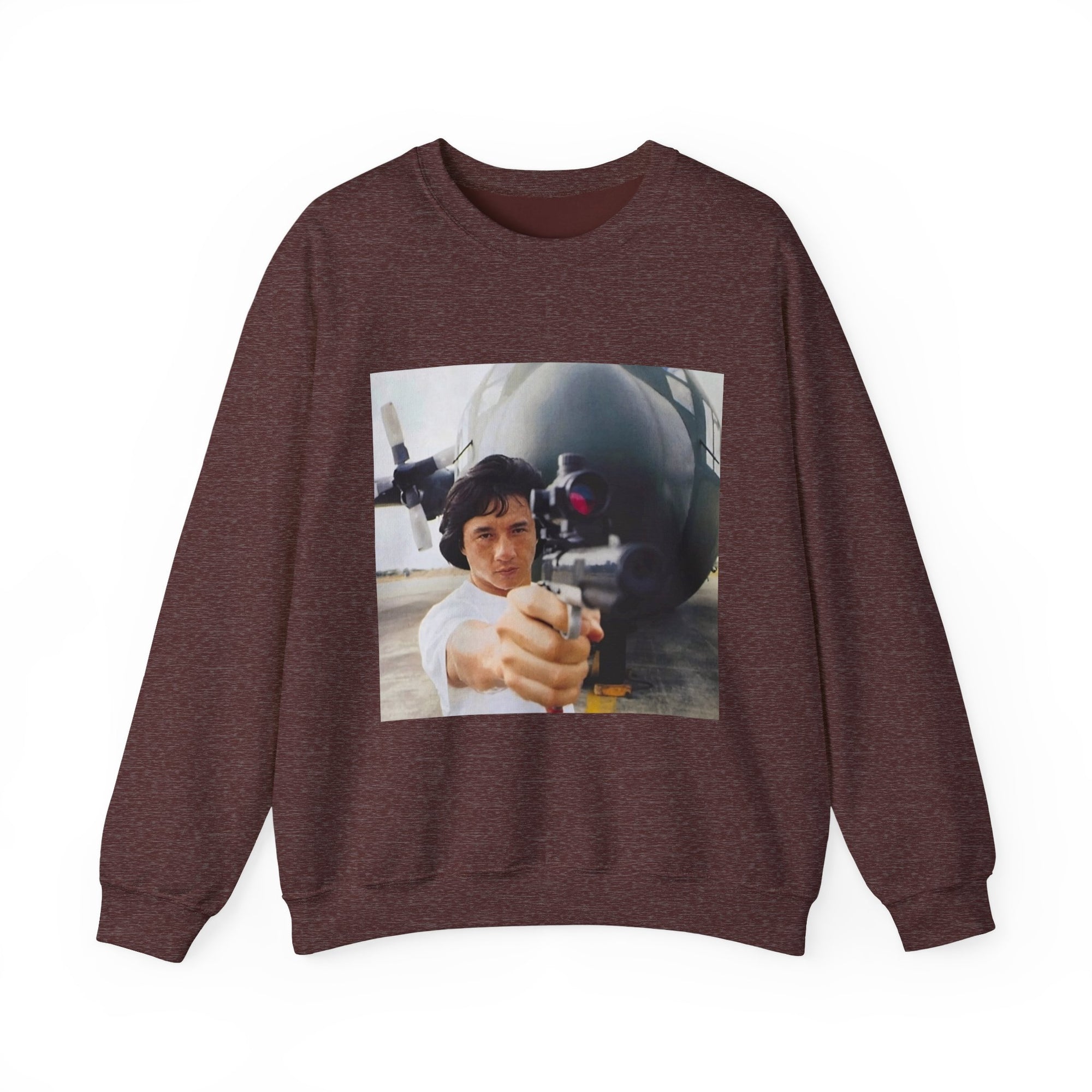 maroon sweatshirt with a graphic of a jackie chan holding a weapon in front of an airplane