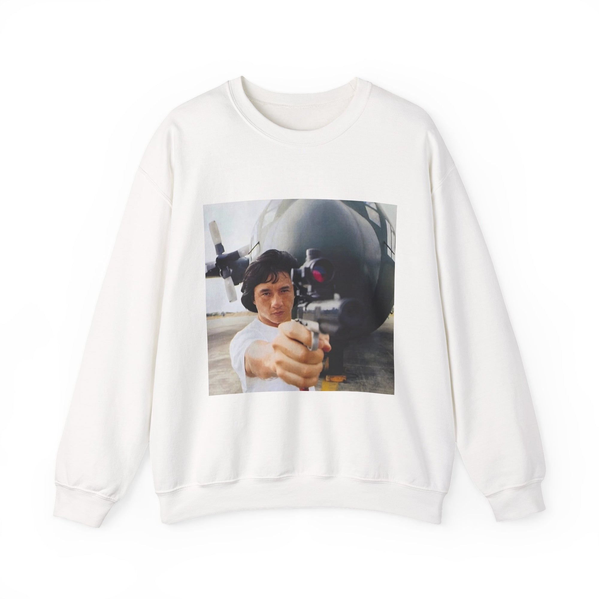 white sweatshirt with a graphic of a jackie chan holding a weapon infront of an airplane