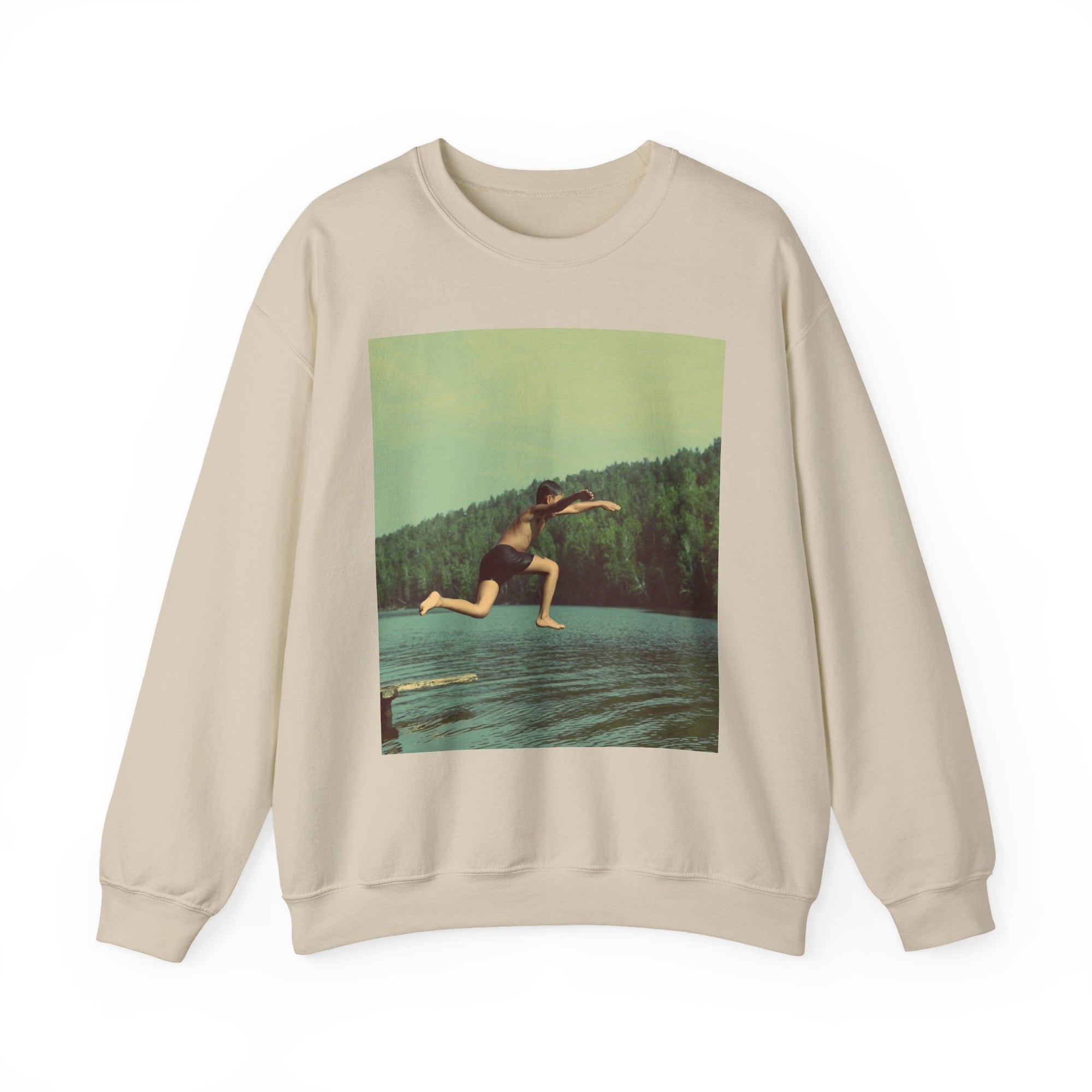 Beige sweatshirt with a graphic of a person jumping into a lake 
