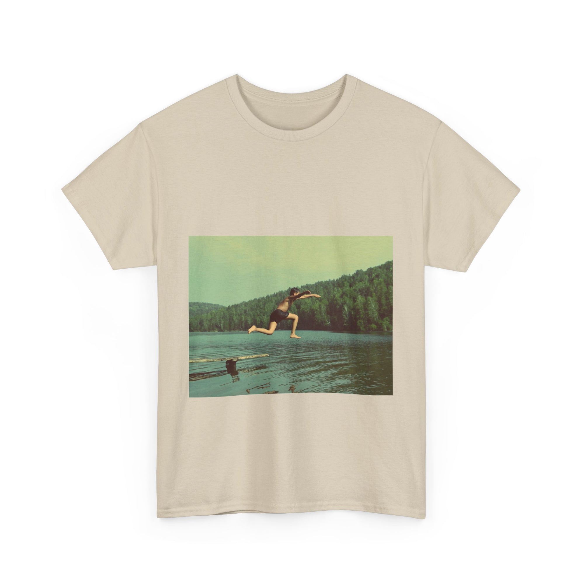 Beige t-shirt with a graphic of a person jumping into a lake 