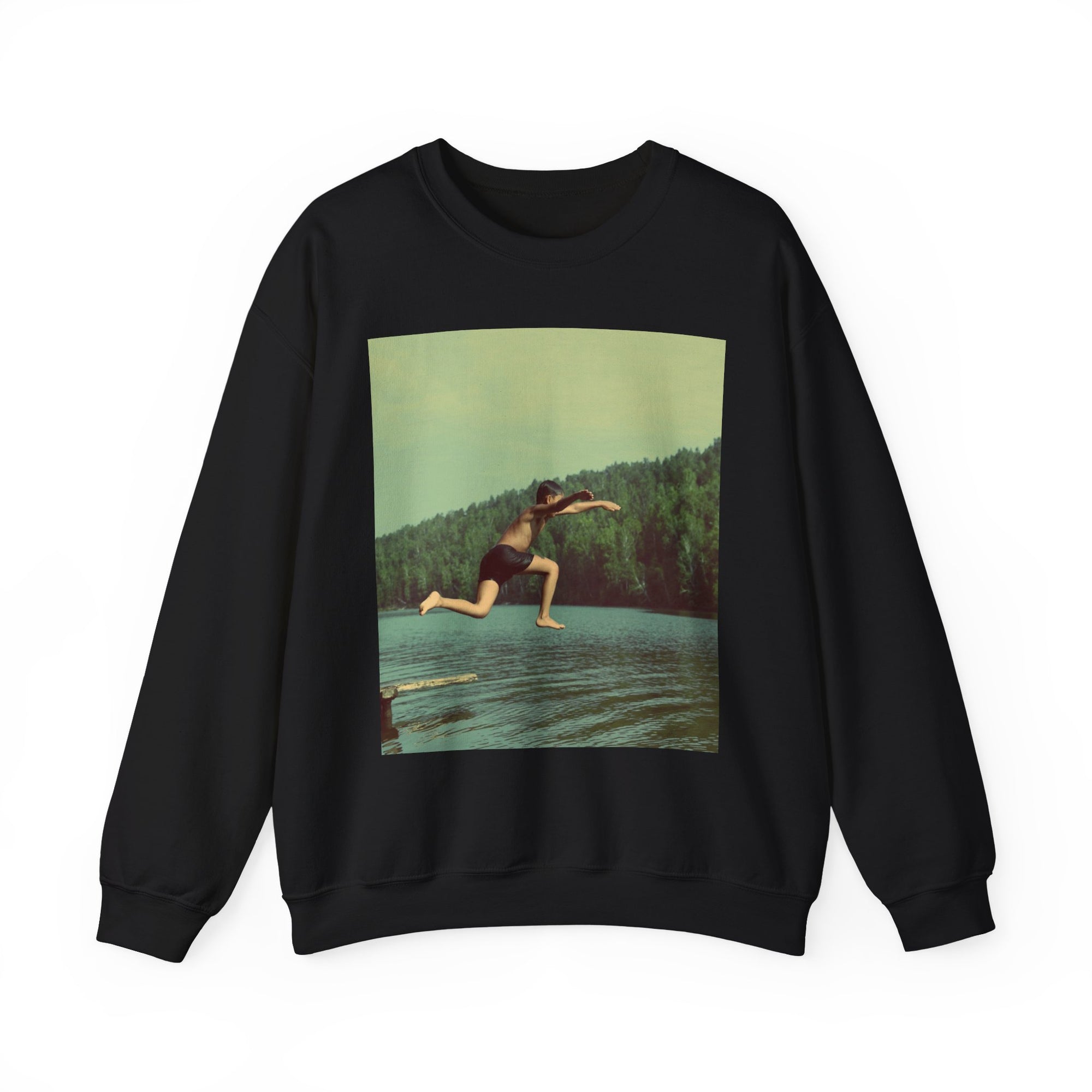 Black sweatshirt with a graphic of a person diving into water 
