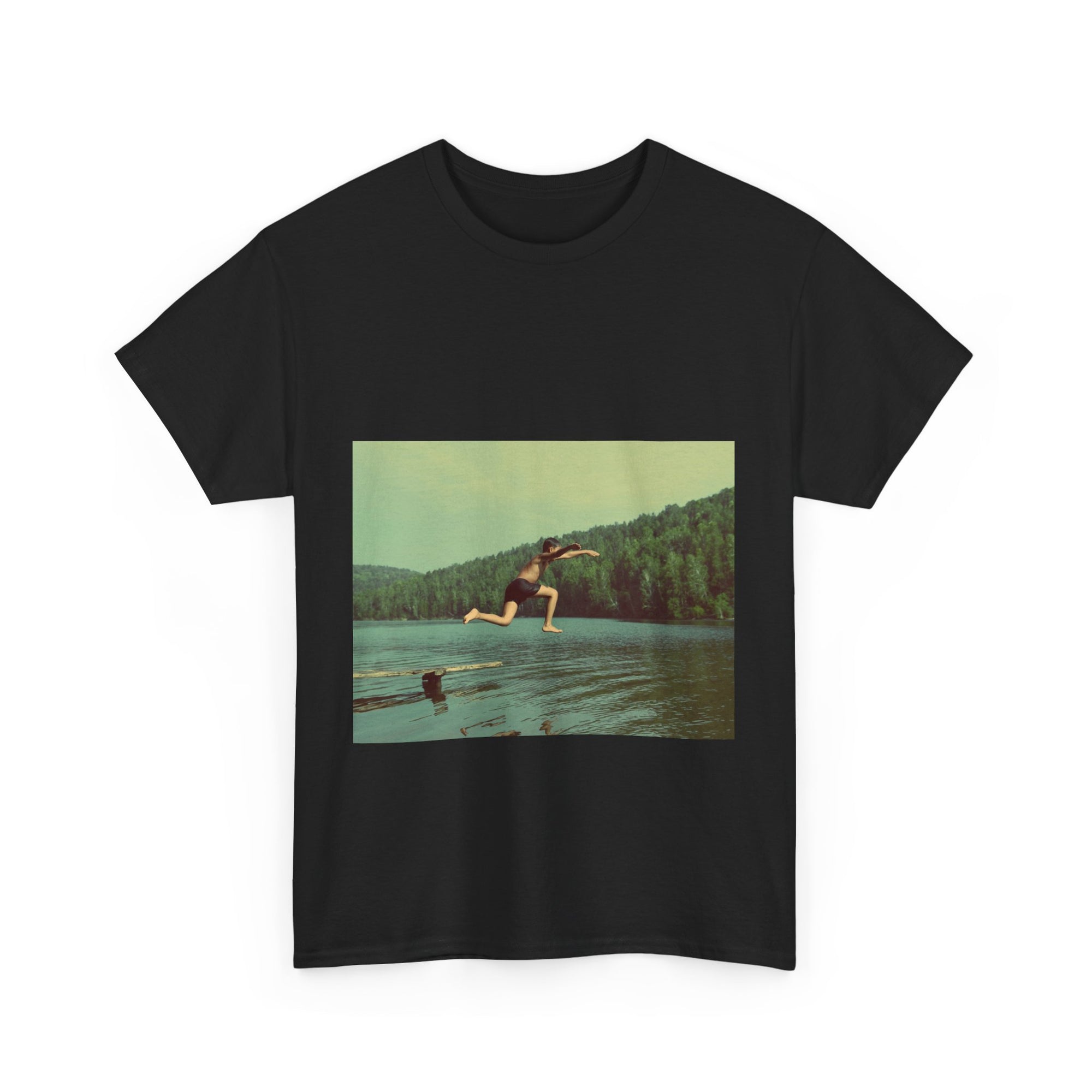 Black t-shirt with a graphic of a person diving into a lake 
