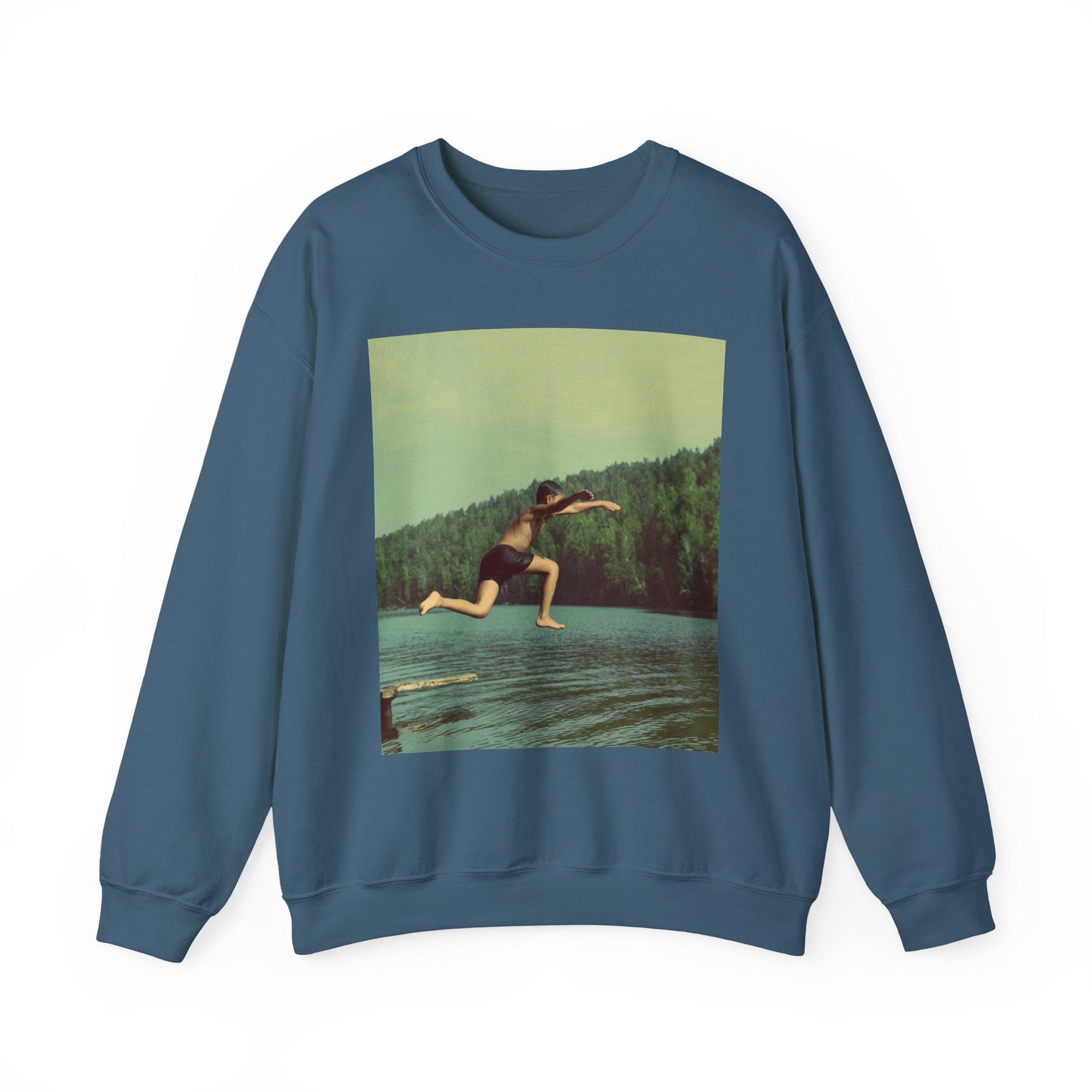 Blue sweatshirt with a graphic of a person diving into a lake on a white background