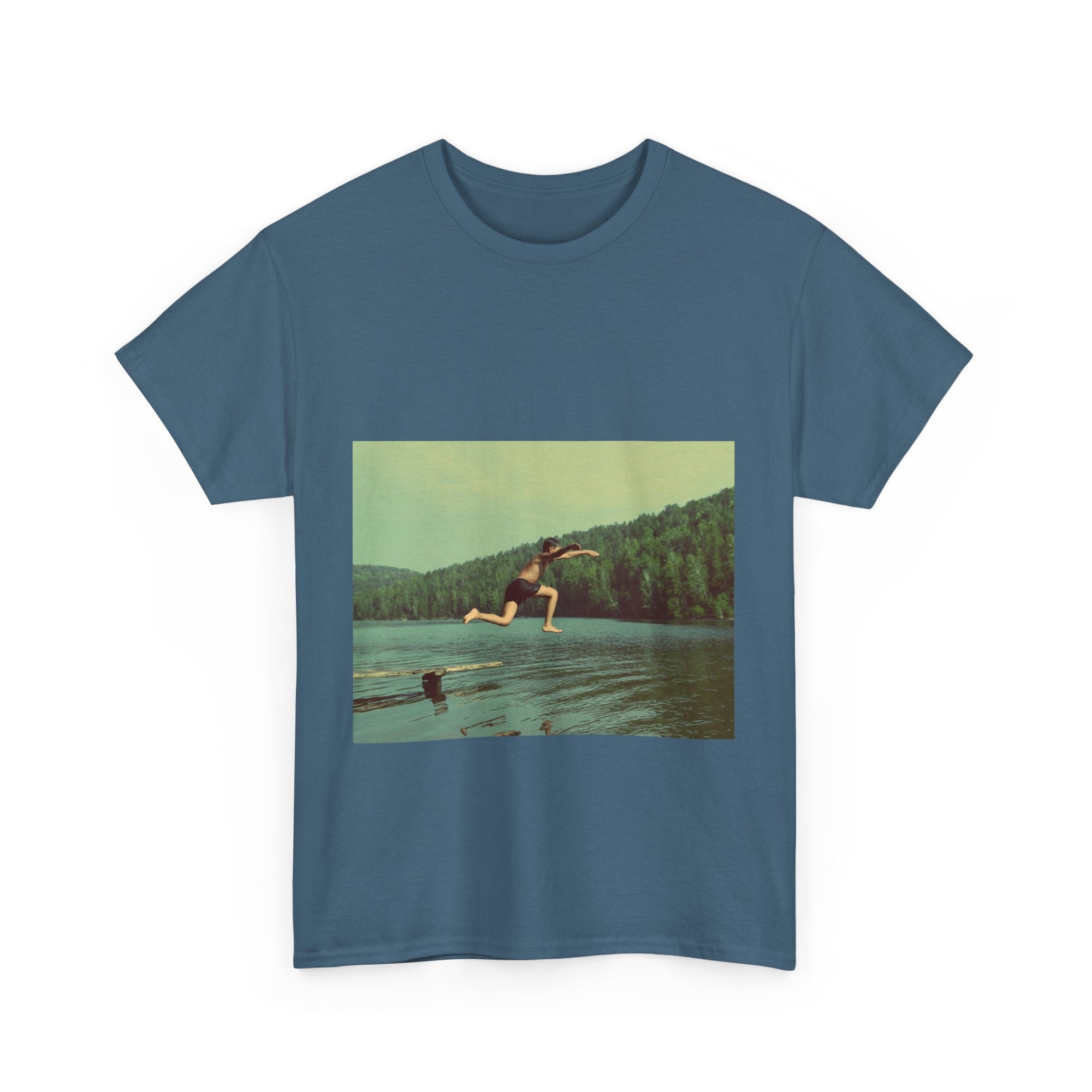 Blue t-shirt with a graphic of a person diving into a lake 