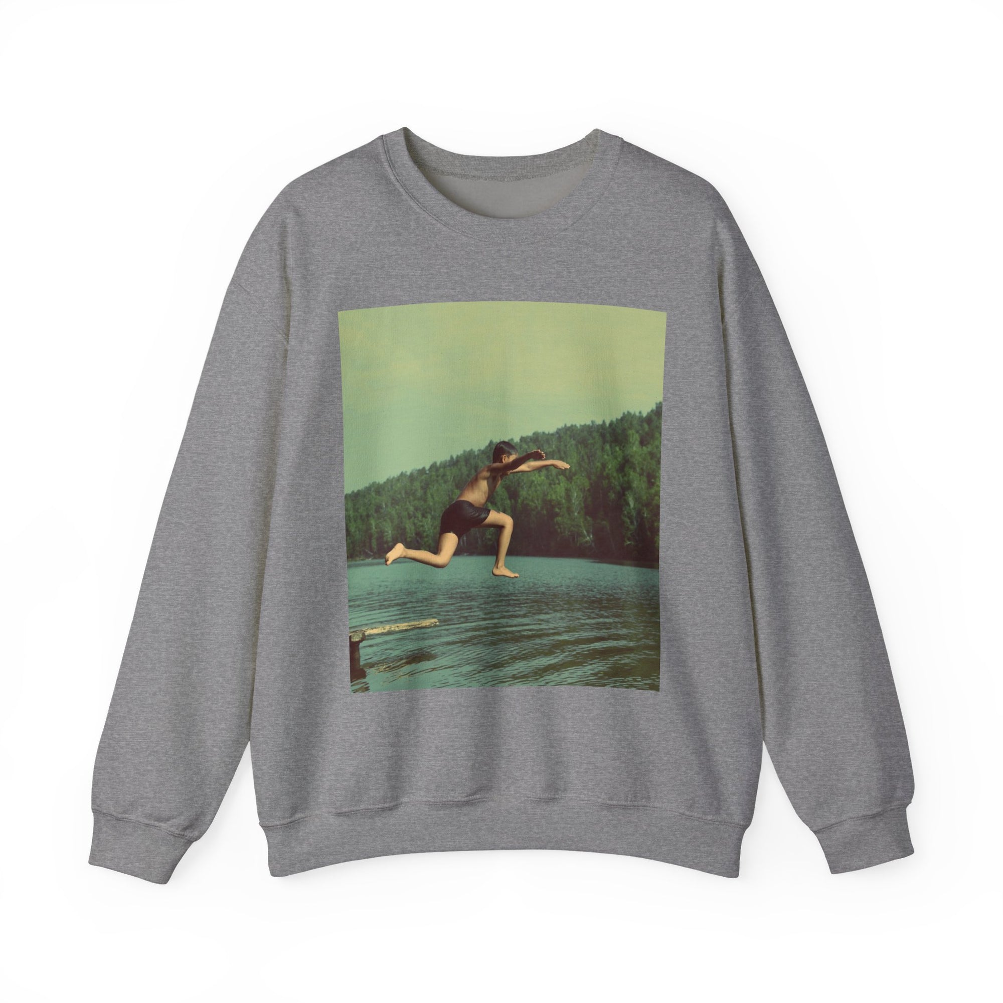 Gray sweatshirt with a graphic of a person diving into water on a white background