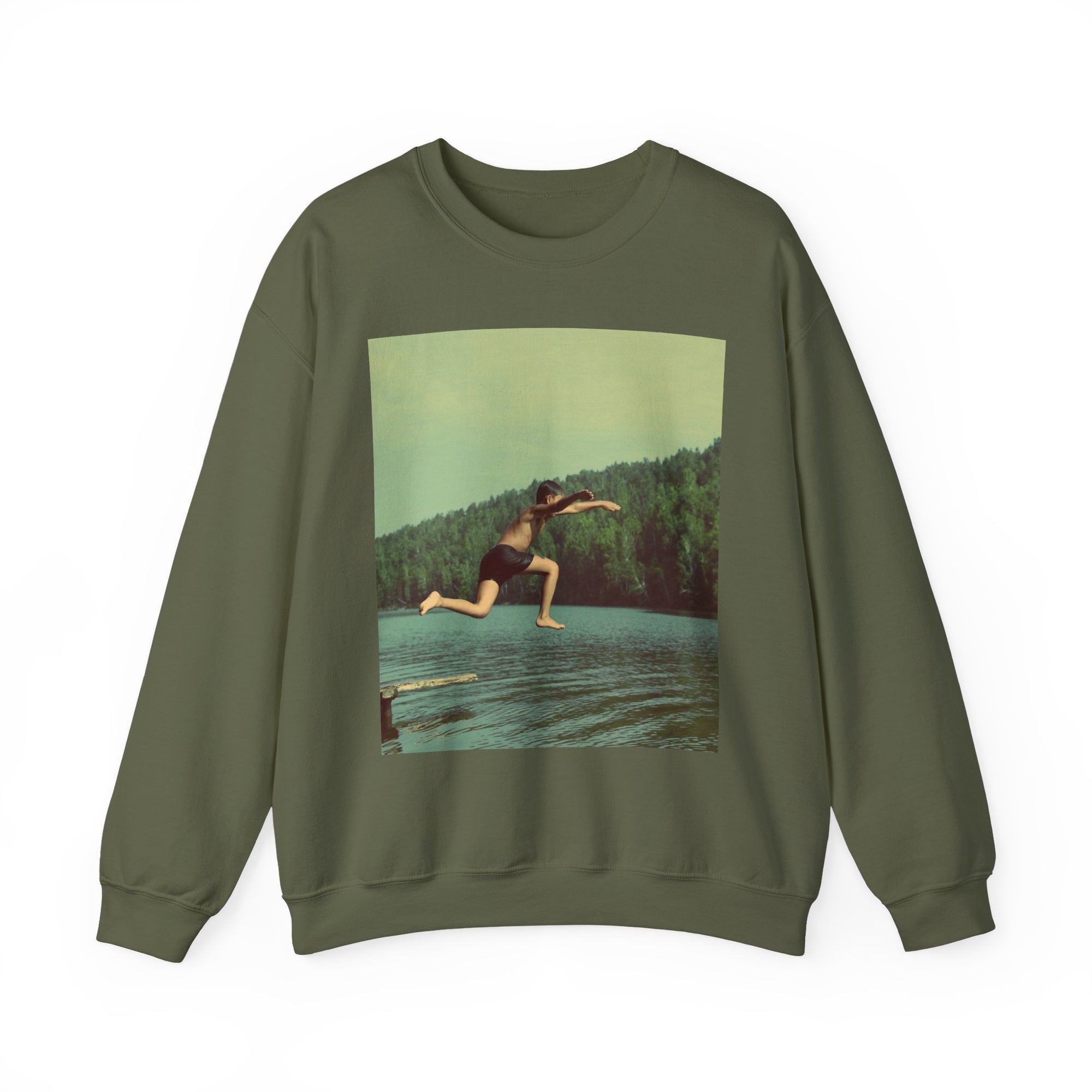 Green sweatshirt with a graphic of a person diving into a lake 