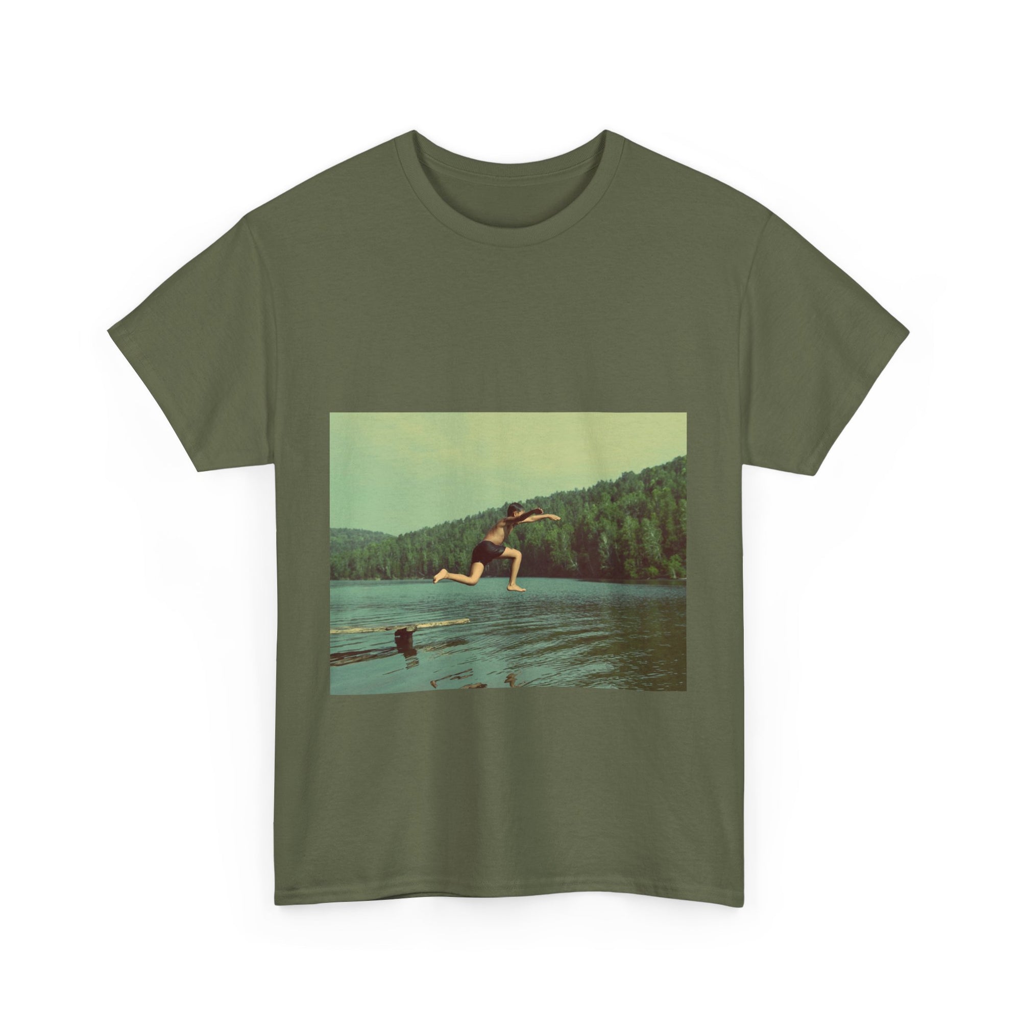 Green t-shirt with a graphic of a person jumping into a lake