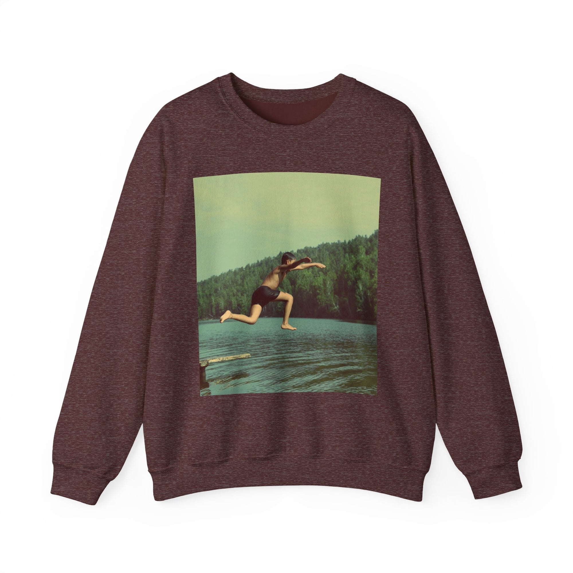 maroon sweatshirt with a graphic of a person diving into water 