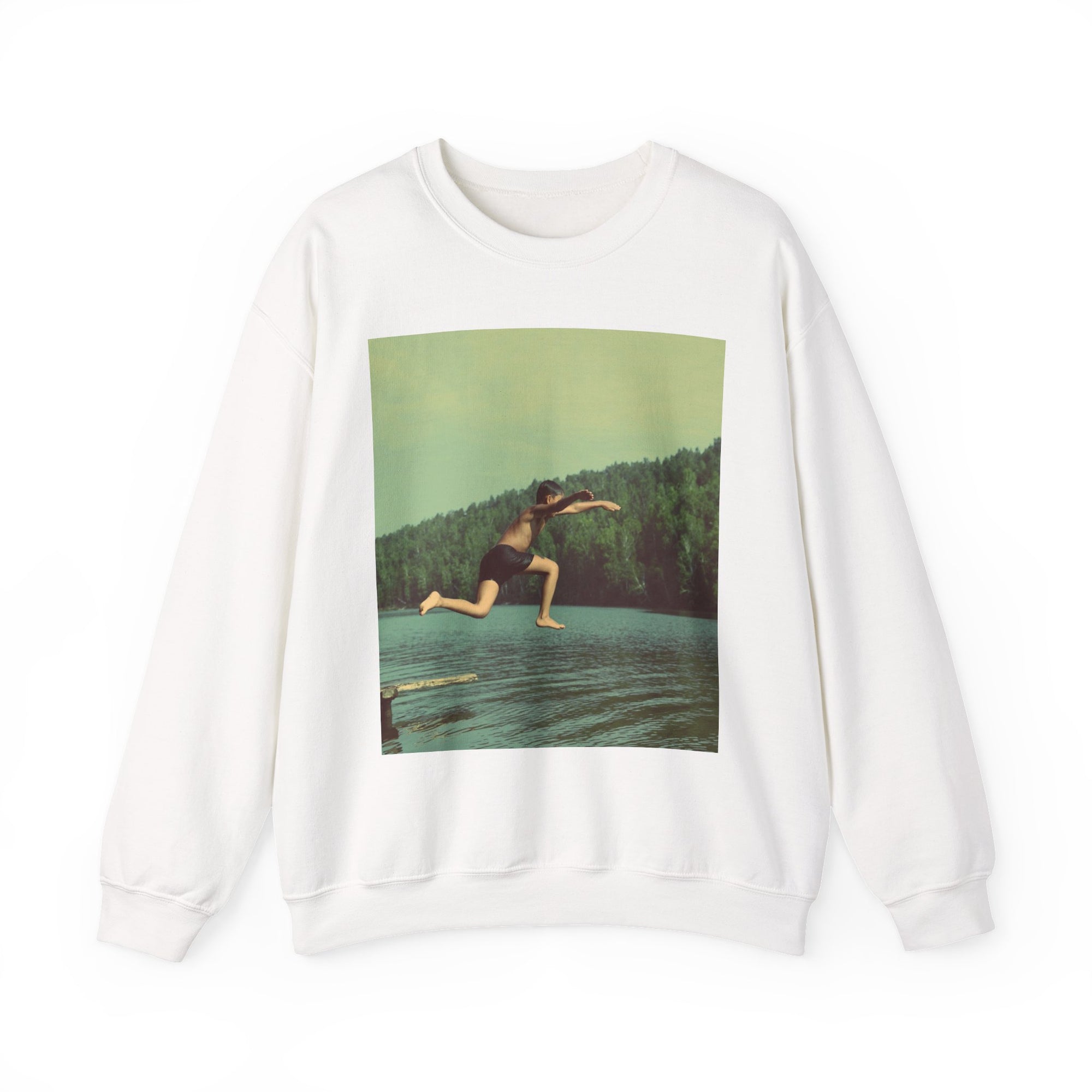 White sweatshirt with a graphic of a person jumping into water 