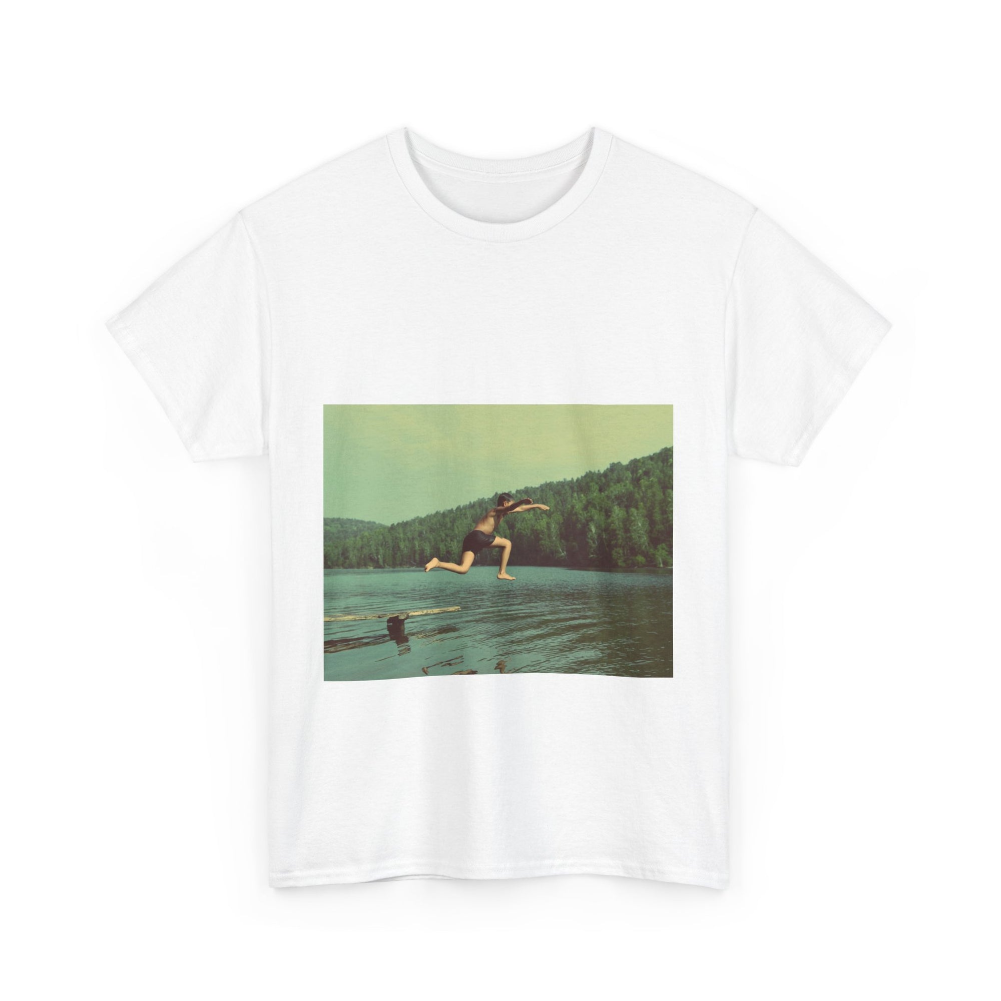 White t-shirt with a graphic of a person jumping into a lake.