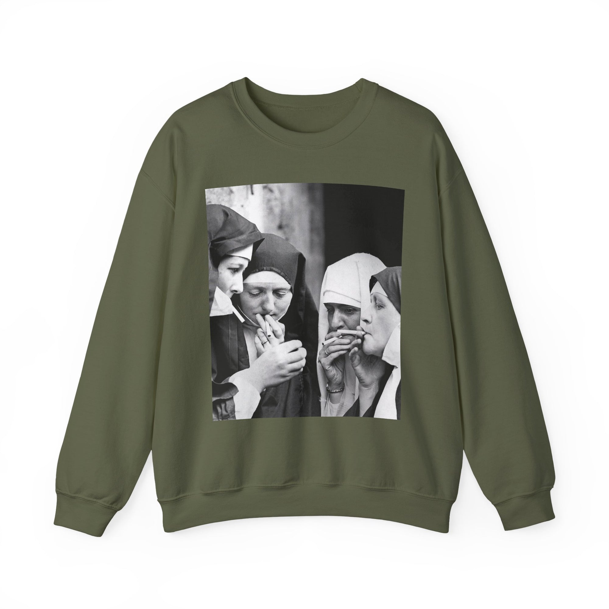 green sweatshirt with a graphic of nuns smoking in a circle