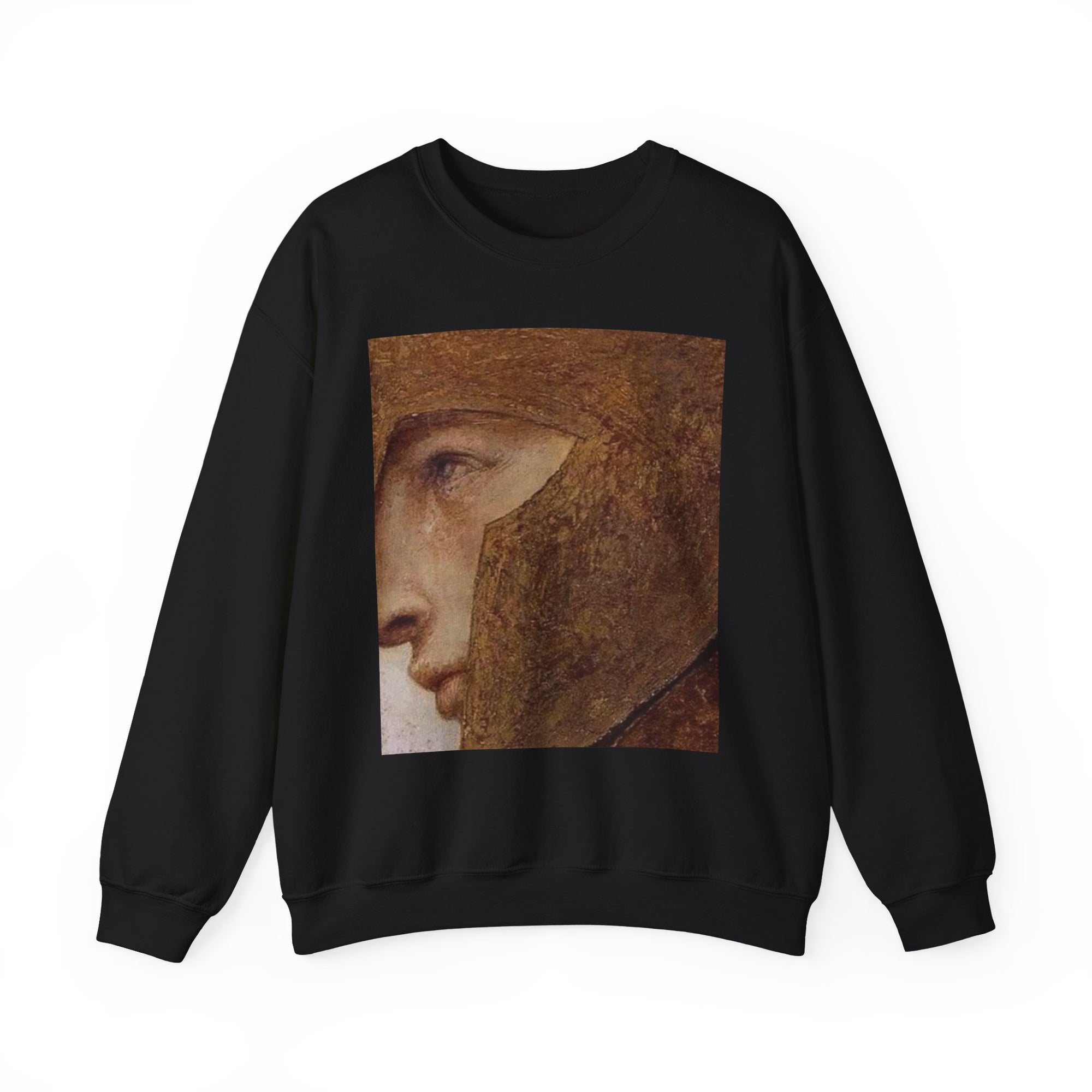 Black sweatshirt with a printed design of a face 