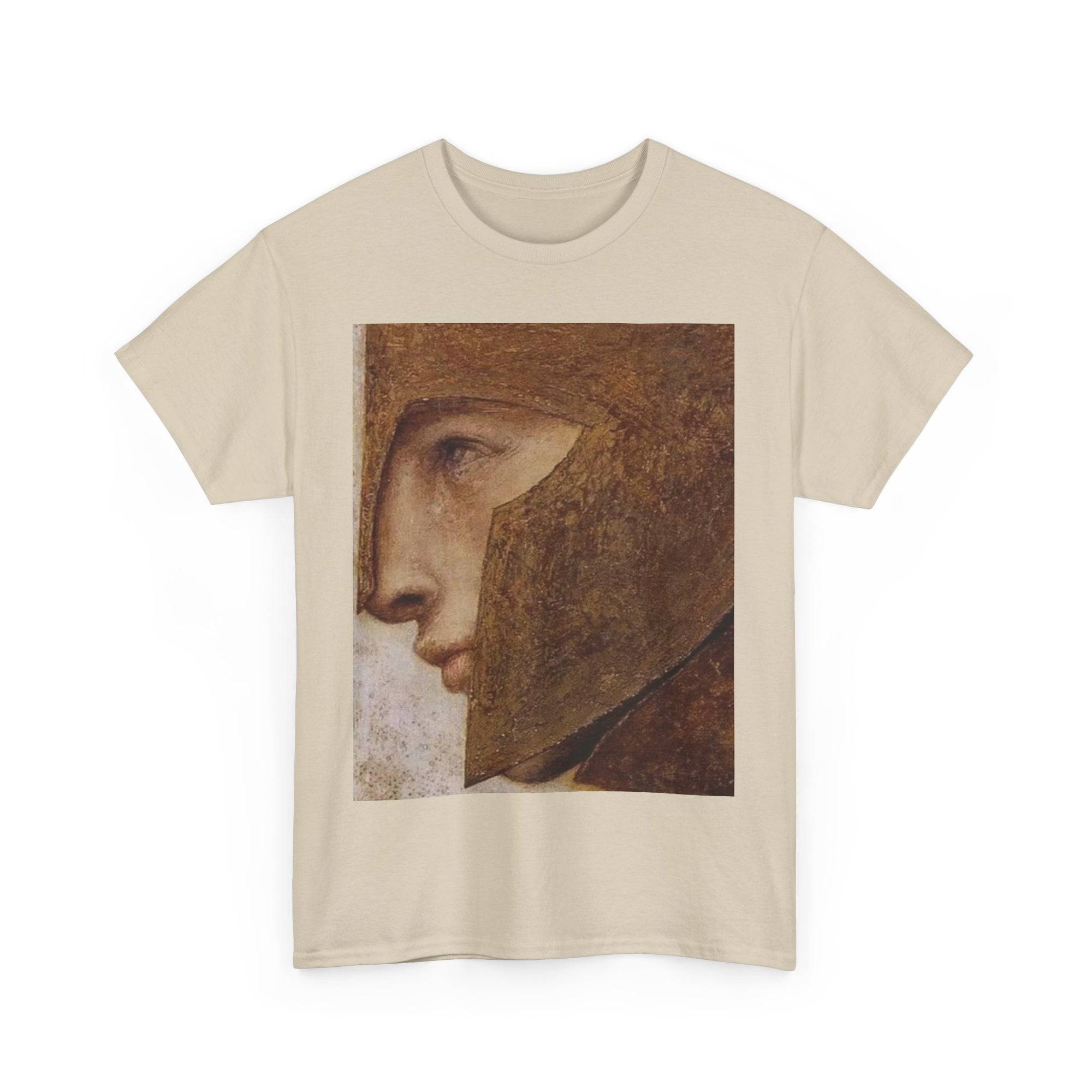 Beige t-shirt with a printed design of a face 