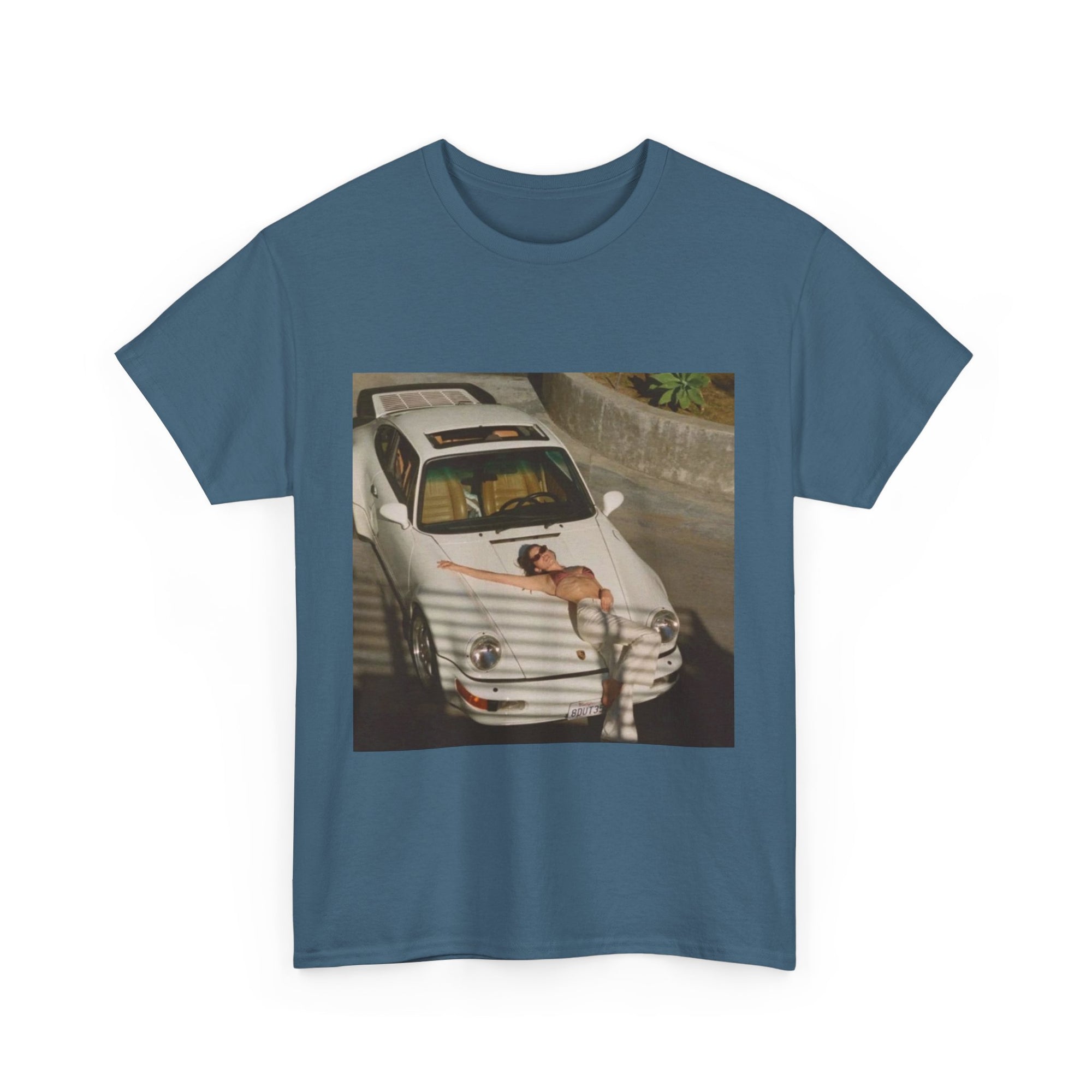 t-shirt with a graphic of a white porsche car and sexy woman on the hood 