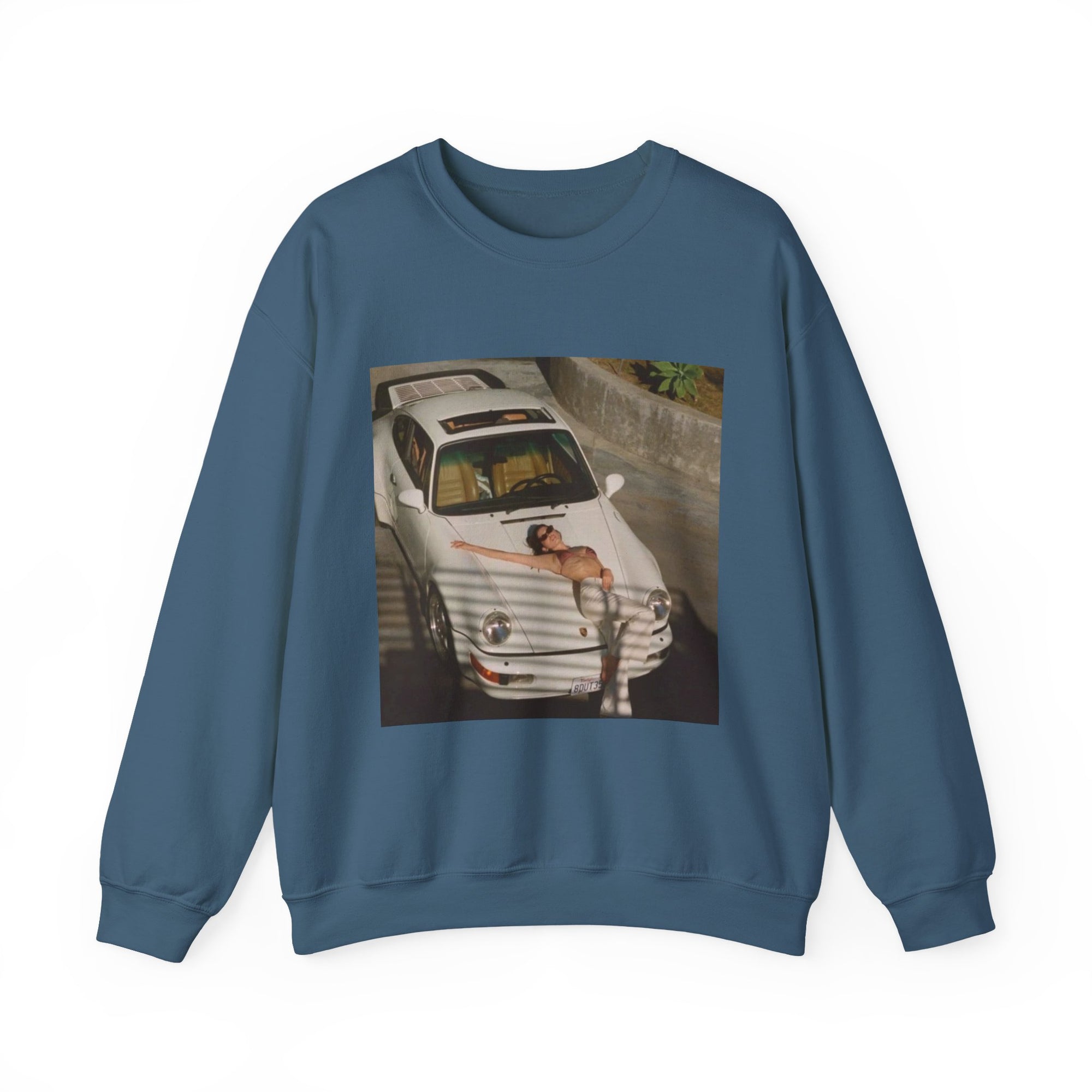sweatshirt with a graphic of a white porsche car and sexy woman on the hood 