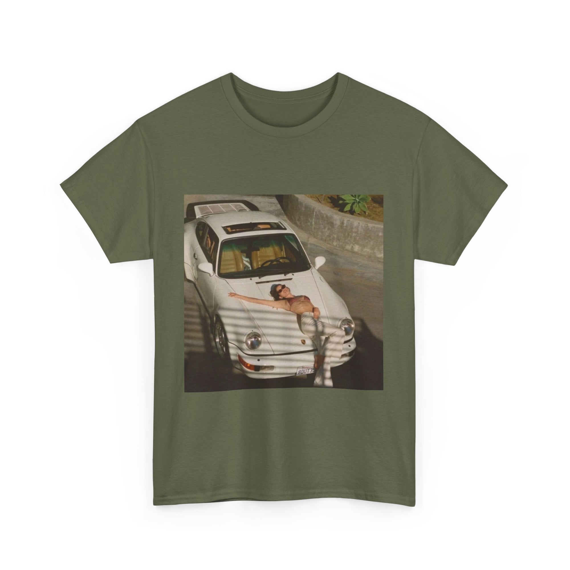 t-shirt with a graphic of a white porsche car and sexy woman on the hood 