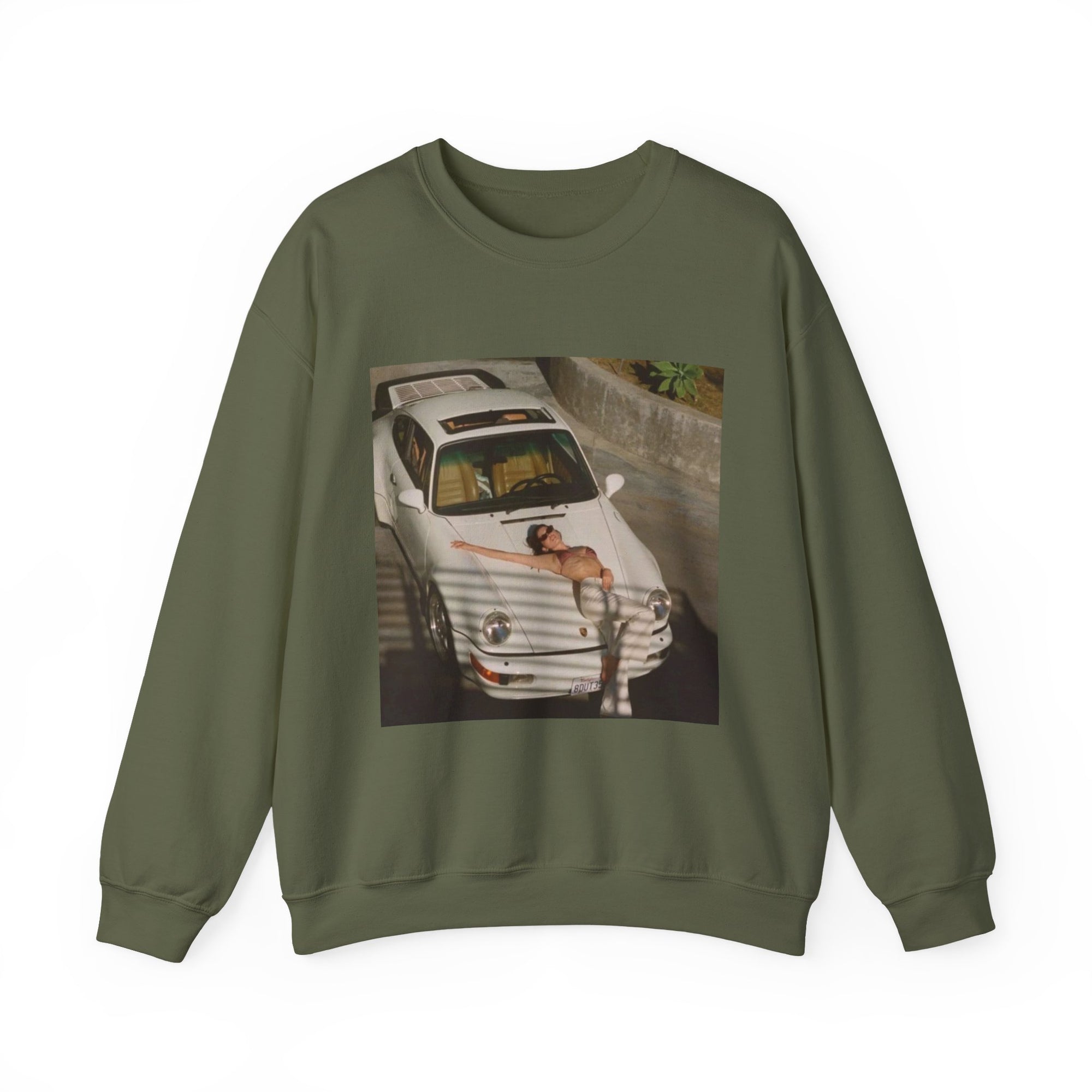 sweatshirt with a graphic of a white porsche car and sexy woman on the hood 