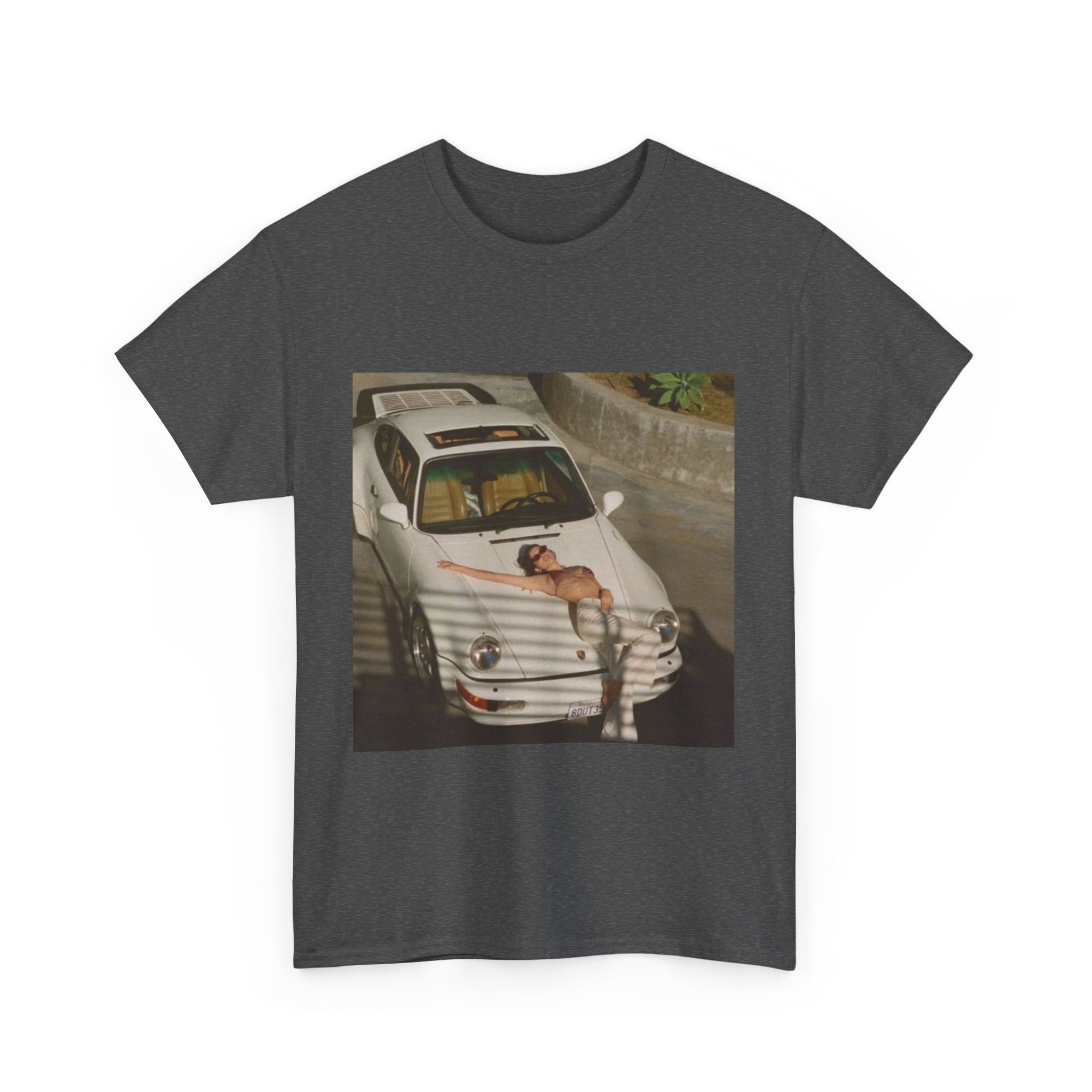 t-shirt with a graphic of a white porsche car and sexy woman on the hood 