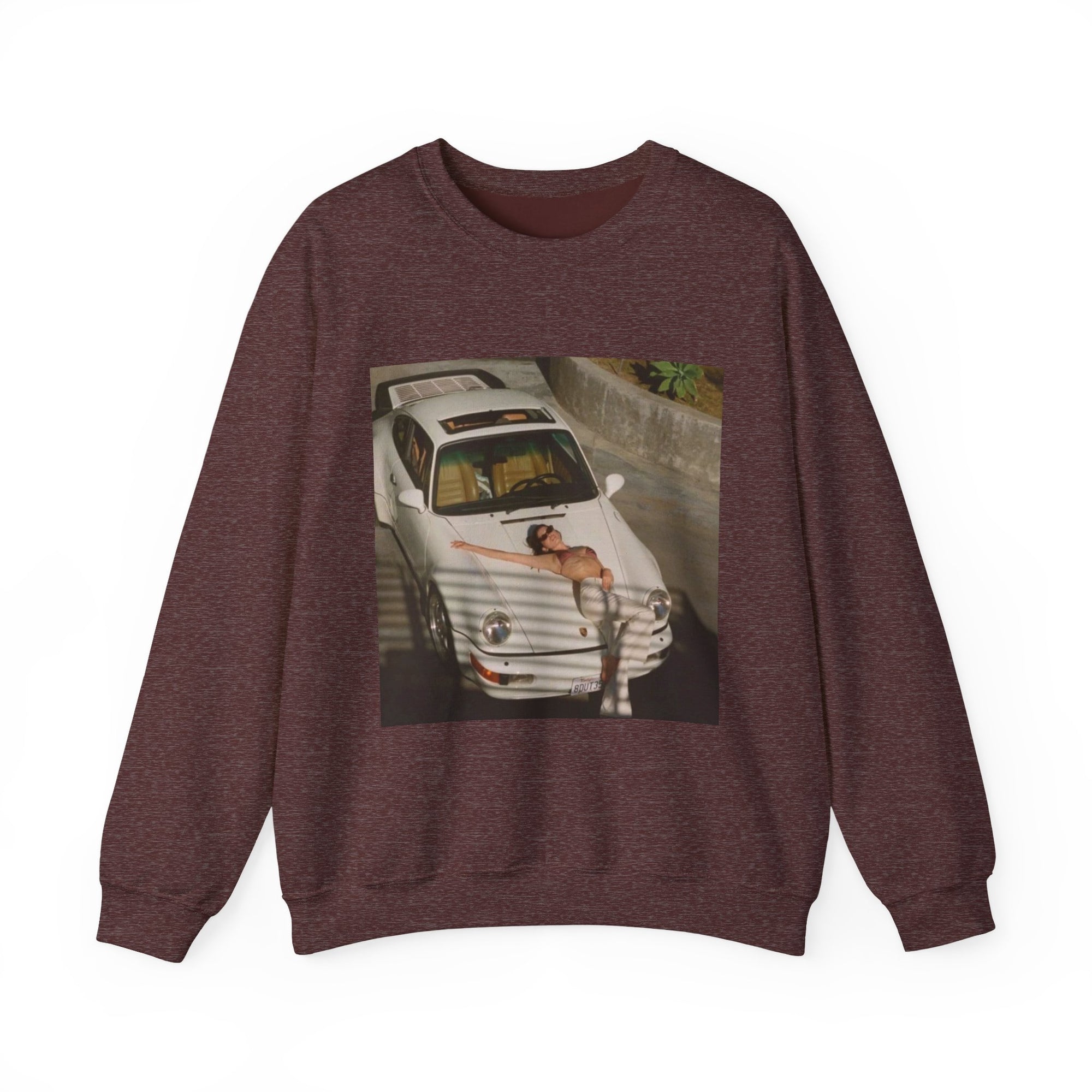 sweatshirt with a graphic of a white porsche car and sexy woman on the hood 