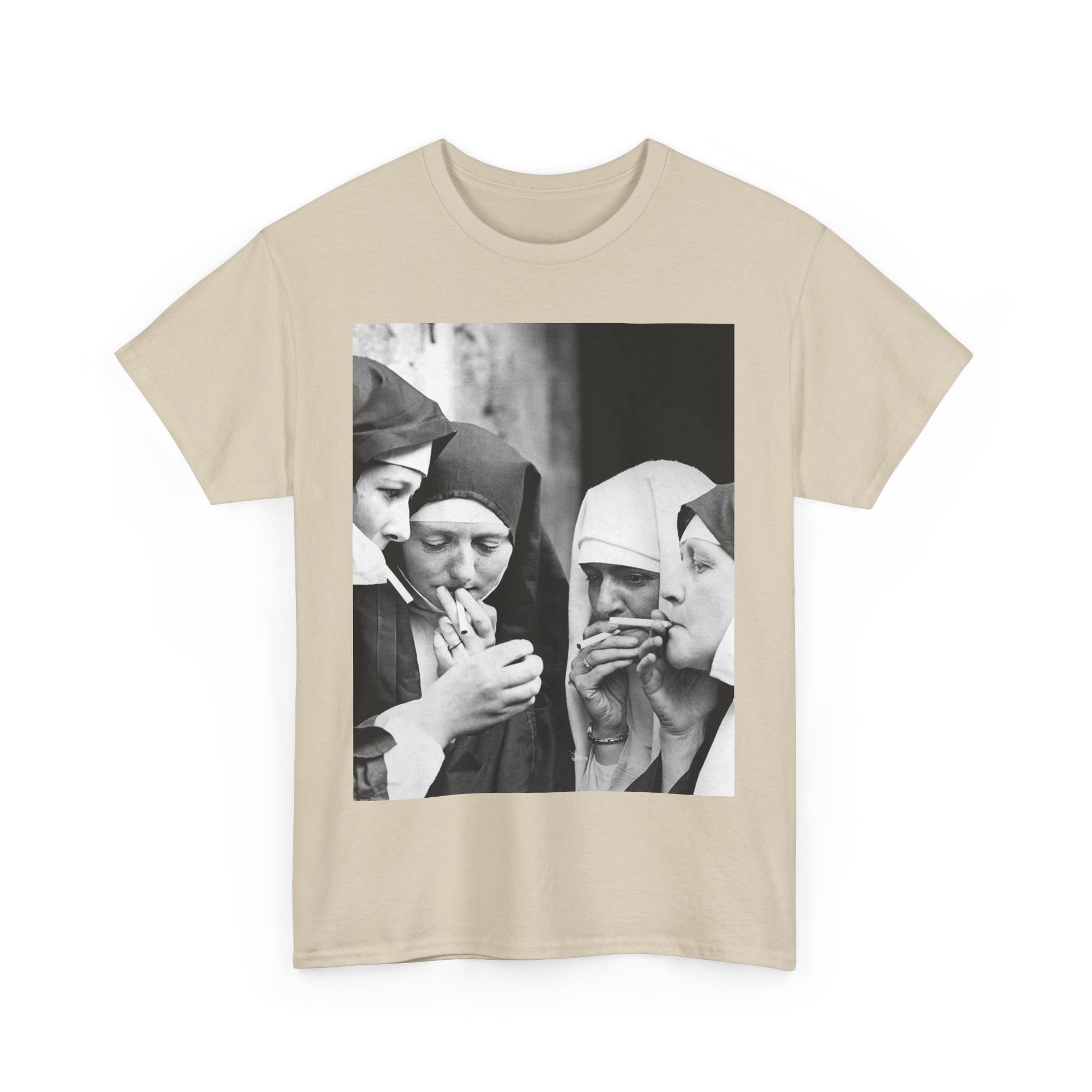 Beige t-shirt with a graphic of nuns smoking in a circle