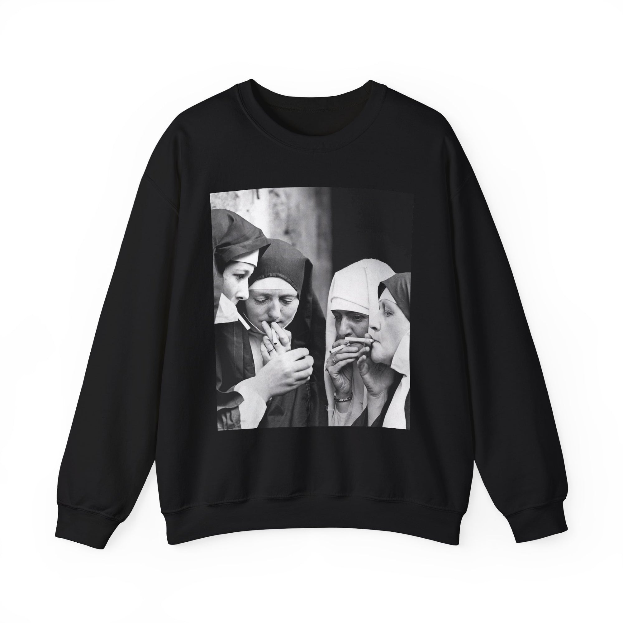 Beige t-shirt with a graphic of nuns smoking in a circle