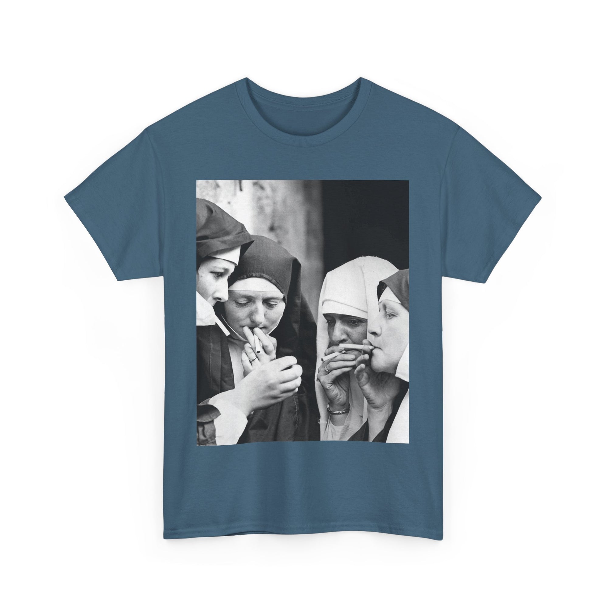 blue t-shirt with a graphic of nuns smoking in a circle