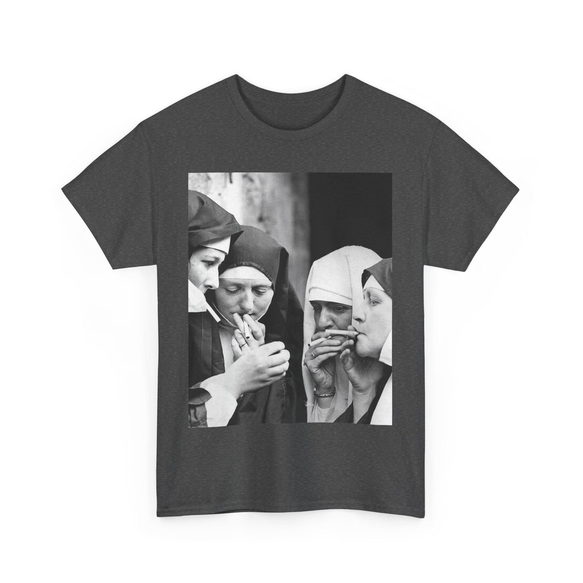 dark gray t-shirt with a graphic of nuns smoking in a circle
