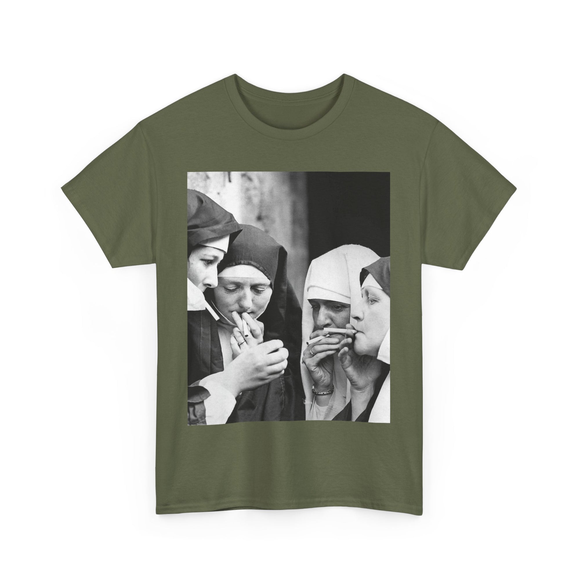 green t-shirt with a graphic of nuns smoking in a circle