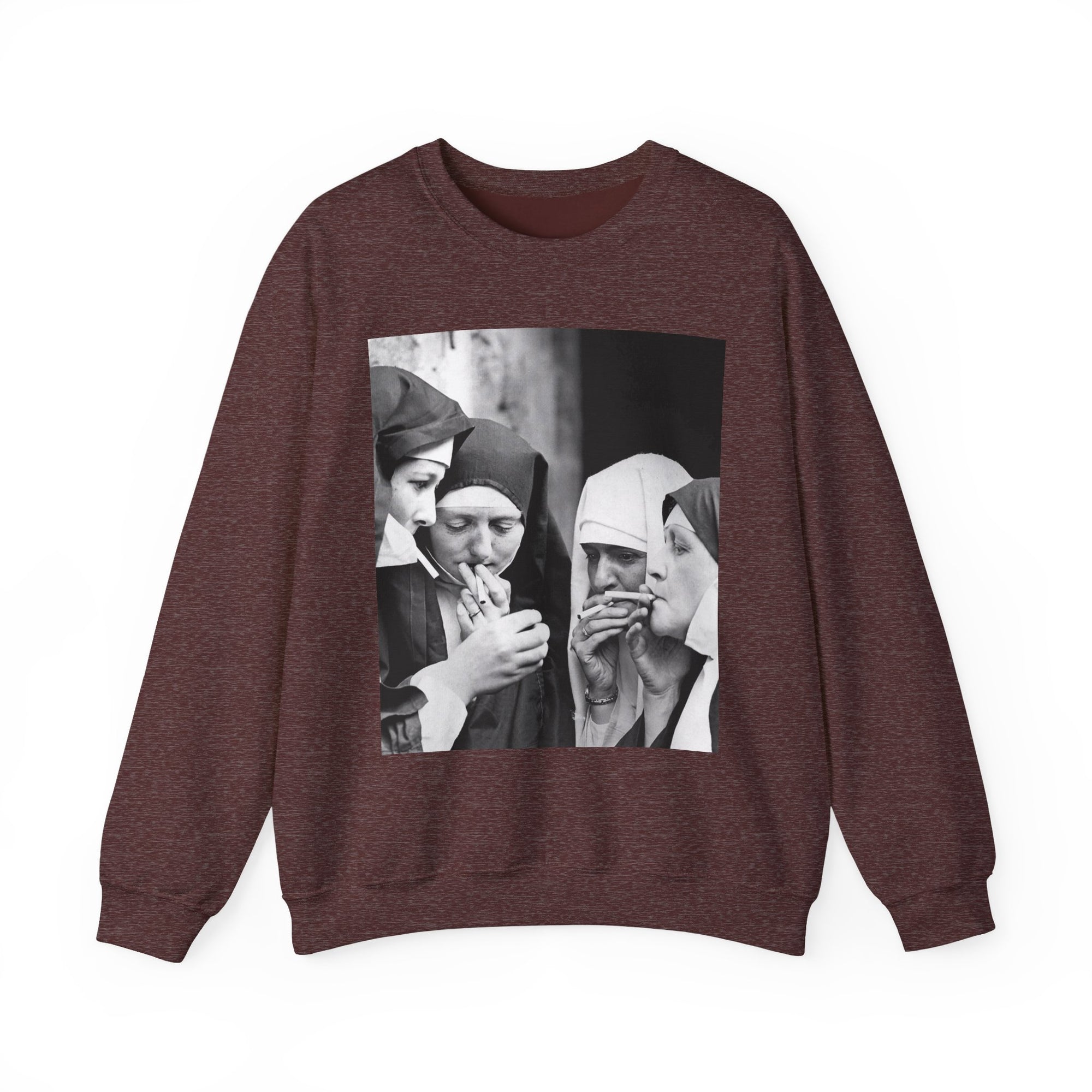 maroon t-shirt with a graphic of nuns smoking in a circle