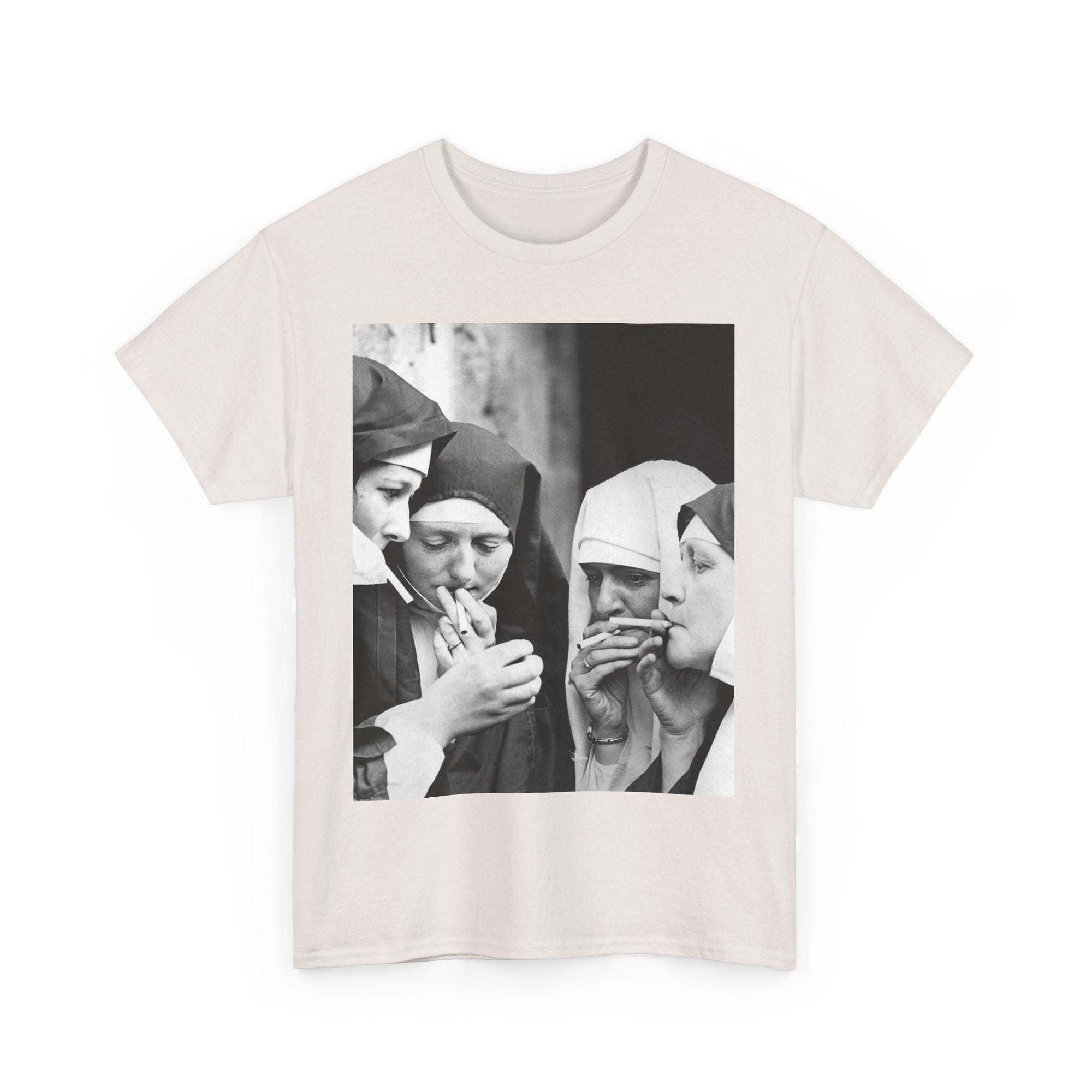 Beige t-shirt with a graphic of nuns smoking in a circle