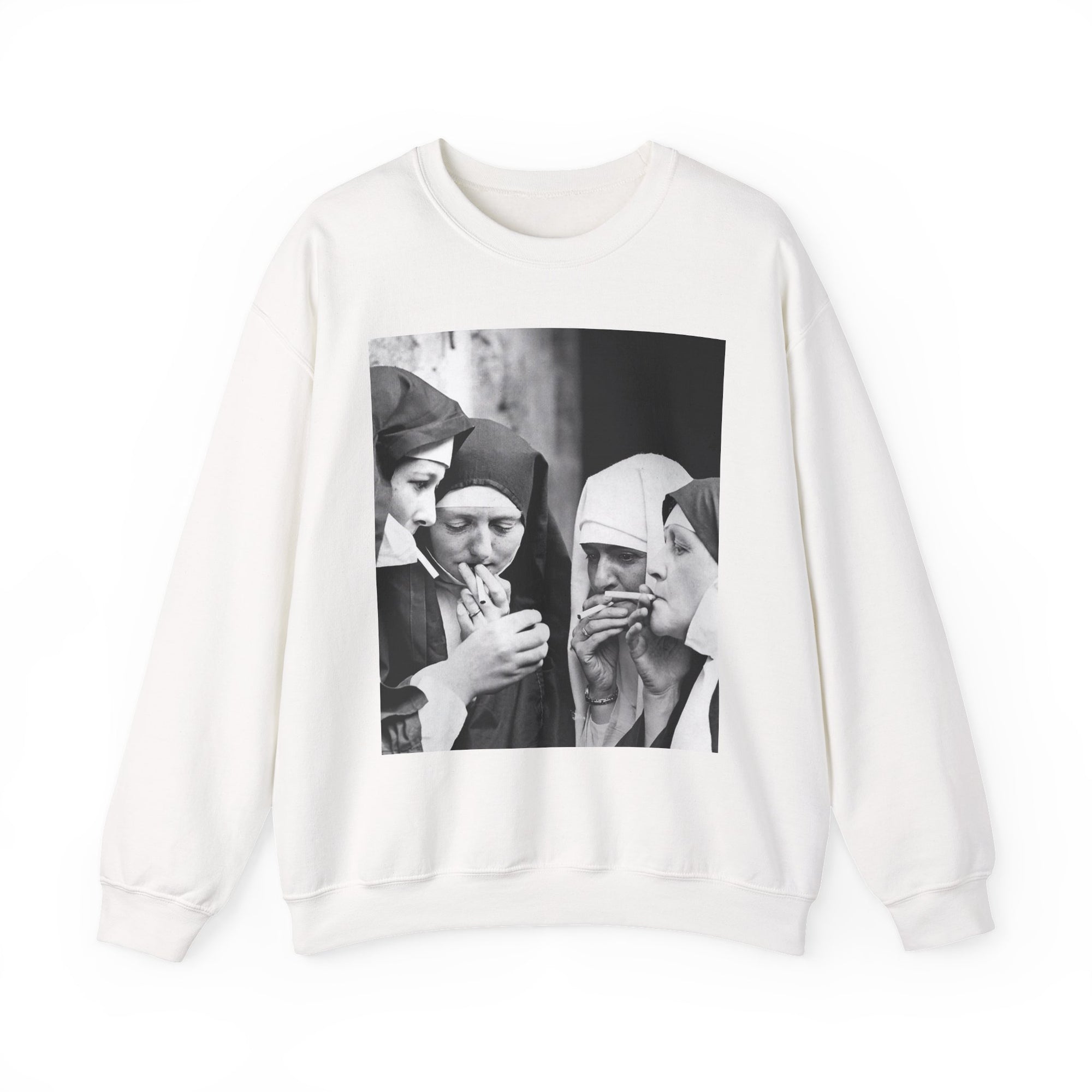 white t-shirt with a graphic of nuns smoking in a circle