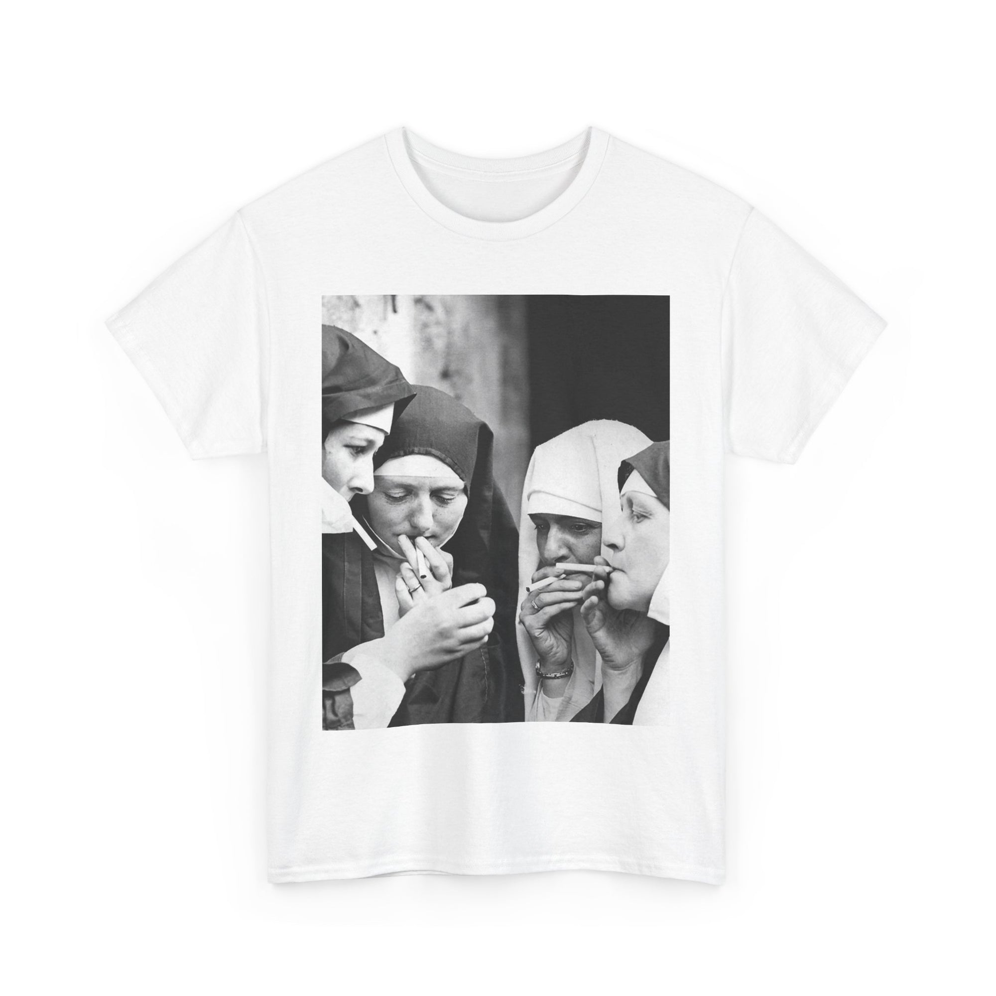 Beige t-shirt with a graphic of nuns smoking in a circle